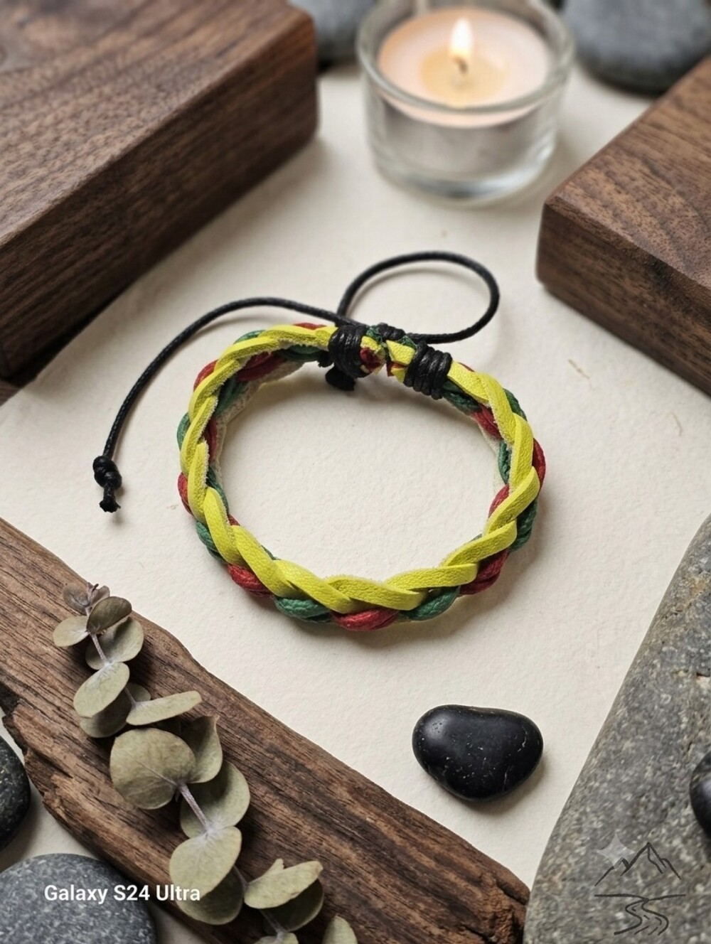 Braided Multicolor Leather Adjustable Bracelet - Yellow, Green, Red